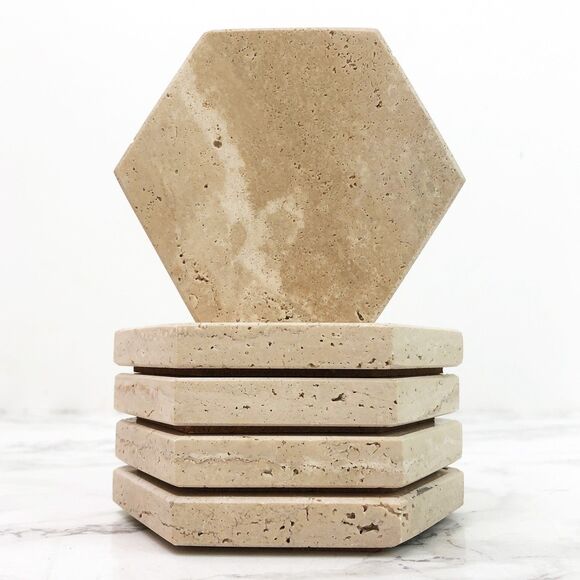 Hexagonal Travertine Marble Coaster Set of 5 Natural Beige Stone Home Decor - Picture 6 of 10